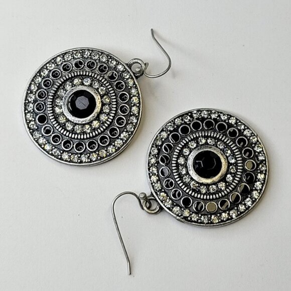 Silver and Black Oxidised Circular Drop Earrings - Picture 1 of 9